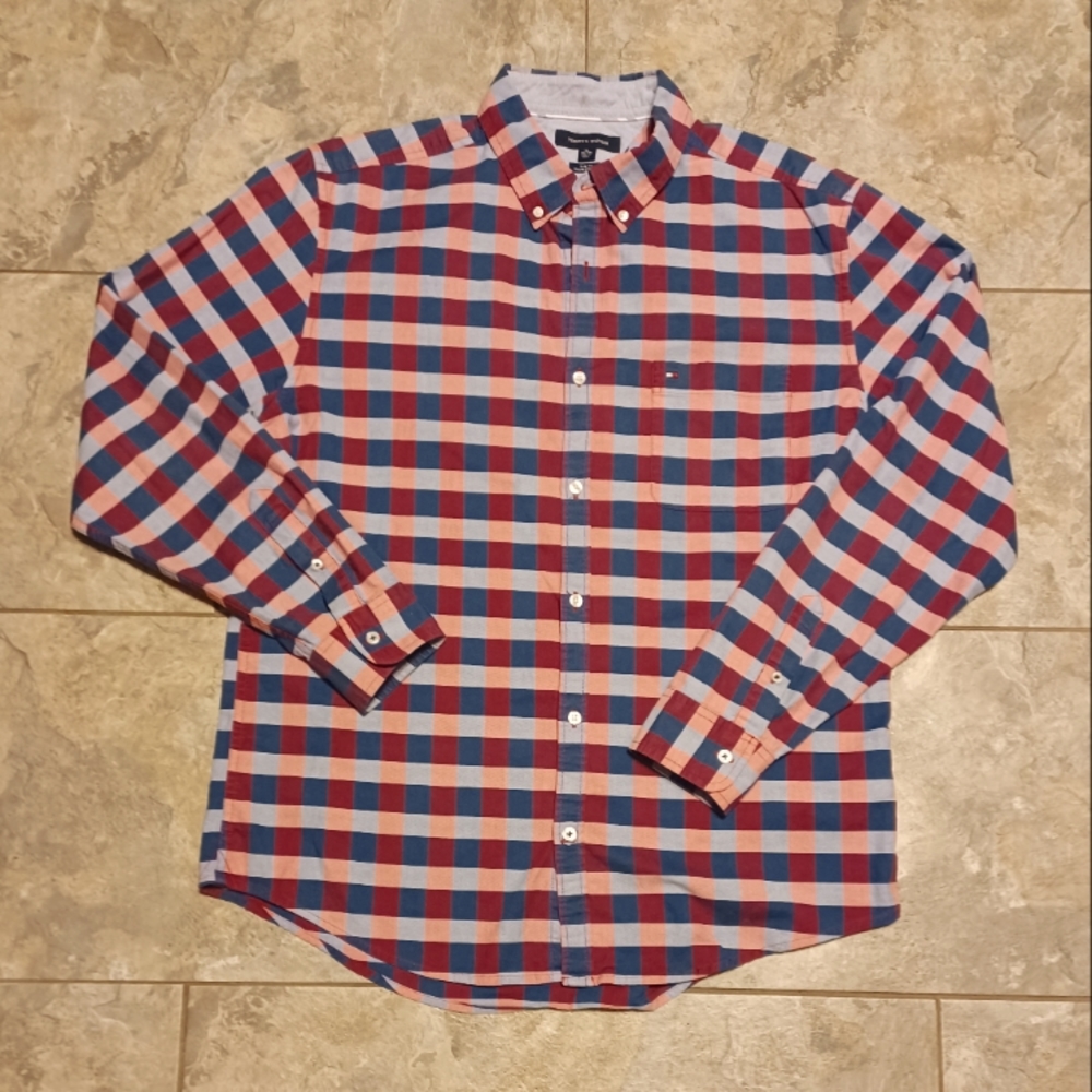Men's XL Tommy Hilfiger Long Sleeve Button Down Shirt Plaid  Blue & Red